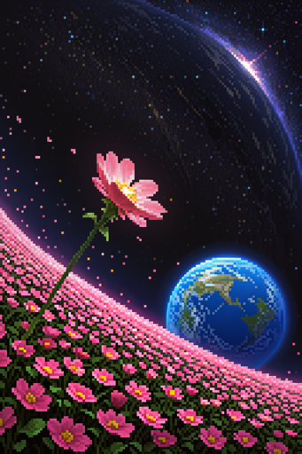 A pixelated composition featuring a vibrant, pink flower in the foreground, standing tall with a green stem and leaves. The flower is surrounded by a field of pink flowers that stretches to a curved horizon at the bottom half of the image. In the background and to the right, a bright blue and green planet is partially visible, with a larger dark planet looming behind it. A bright star peeks out from behind the larger planet in the top right corner, illuminating the dark planet's atmosphere. 