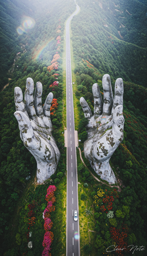 An aerial photograph featuring a surreal landscape with two colossal, weathered, stone hand sculptures covered in patches of moss and lichen, emerging from the lush, green hills. The hands, with fingers splayed, are positioned on either side of a narrow road that stretches into the distance. The road has a single white car driving along it and is flanked by vibrant foliage in shades of red, pink, and purple, contrasting against the mostly green mountain side. 