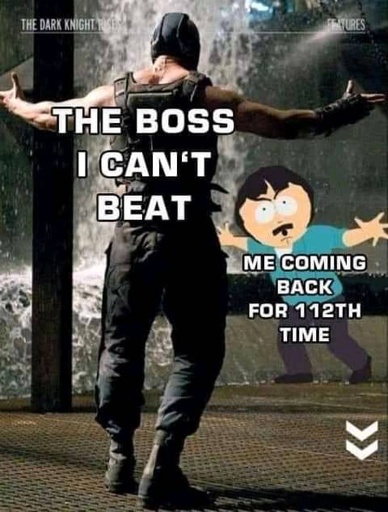 bane from batman holding arms out in challenge meme. bane is labeled The bods I can't beat. Randy marsh is labeled Me coming back the 115th time