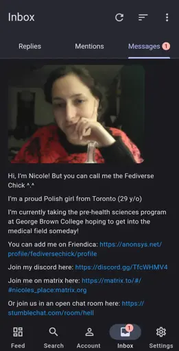 Direct message (spam) from Nicole to @ColdSideOfYourPillow@lemmy.cafe, with an image of a woman wearing a long-sleeved red top. The message reads: "Hi, I’m Nicole! But you can call me the Fediverse Chick ^.^ I’m a proud Polish girl from Toronto (29 y/o)I’m currently taking the pre-health sciences program at George Brown College hoping to get into the medical field someday!You can add me on Friendica: https://anonsys.net/profile/fediversechick/profile Join my discord here: https://discord.gg/TfcWHMV4 Join me on matrix here: https://matrix.to/#/#nicoles_place:matrix.org Or join us in an open chat room here: https://stumblechat.com/room/hell"