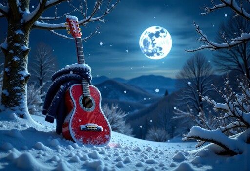 A bright red acoustic guitar standing upright in the deep snow, with a dark scarf draped around its neck. Behind the guitar, a full moon glows brilliantly in a deep blue night sky, casting an ethereal light across snow-covered mountains in the distance. Snow-laden trees frame the composition, their bare branches covered with frost and snow. Gentle snowflakes fall throughout the scene, adding to the winter atmosphere.