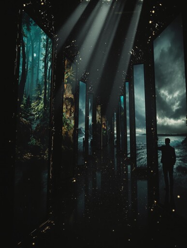 A dark corridor illuminated by beams of light streaming from above, its walls lined with tall, narrow mirrors displaying vivid images of natural landscapes. A silhouette of a person is visible on the right side, standing and looking towards the mirrors, adding a sense of scale and contemplation to the setting.