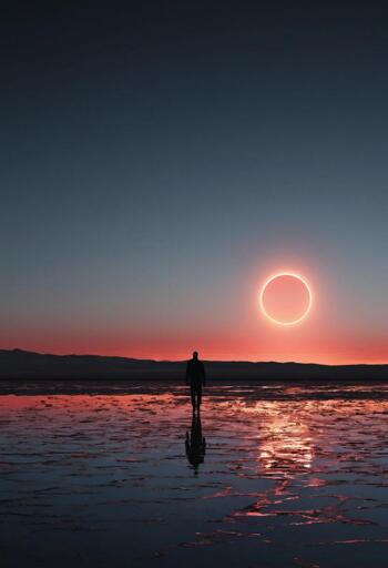 A solitary silhouette standing on a flooded salt flat during an eclipse. The sky transitions from deep blue at the top to a vivid orange and red near the horizon, lined with dark, shadowy mountains. 