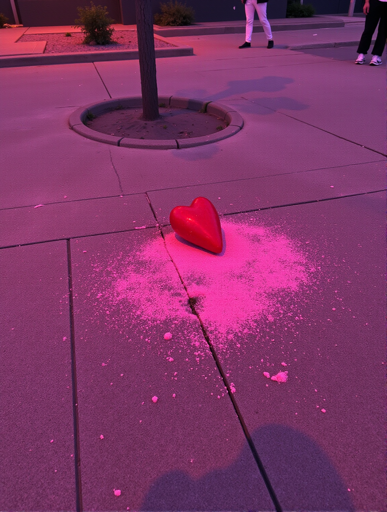 A red heart lying on concrete pavement, surrounded by a pink powder. The background features an urban area with a tree planted in a circular cutout in the pavement, along with two people standing. The scene is illuminated with a pinkish hue, adding a surreal and artistic atmosphere to the image.