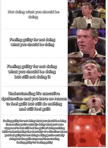 The image is a meme formatted as a vertical stack of five panels. Each panel contains a short phrase describing a stage of inaction and guilt, paired with a picture of Vince McMahon, a professional wrestler, displaying a different facial expression. The expressions range from mildly concerned to increasingly exaggerated expressions of shock and distress.