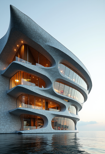 A modern, multi-story building with a unique, curved design situated by the water. The structure features large, irregularly shaped windows that provide expansive views and allow natural light to flood the interior. The exterior is composed of a textured stone-like material, and the building's design includes smooth, flowing lines that give it a futuristic appearance. The scenery is peaceful, with the building reflecting on the calm water surface, and the interior spaces are warmly lit.