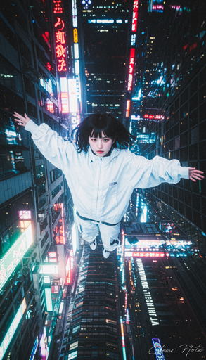 A woman with black hair dressed in a white tracksuit with a hood with her arms are outstretched, and midair against a backdrop of a bustling surreal cityscape. The city is illuminated by vibrant neon lights in red, blue, and green, and the buildings are tall and modern, with numerous advertisements and signs.