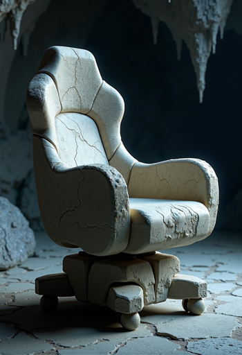 A stone armchair with a cracked and weathered surface, placed in a cave-like setting. The chair's texture is rough and eroded, with visible cracks and a worn appearance. The background features stalactites hanging from the cave ceiling, and the floor is similarly cracked and uneven