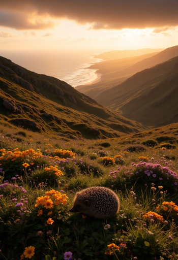 A cloudy sunset landscape, with a hedgehog in the foreground surrounded by wildflowers. The scene is set on a grassy hillside overlooking a coastline, with the ocean and distant hills bathed in the golden light of the setting sun. 