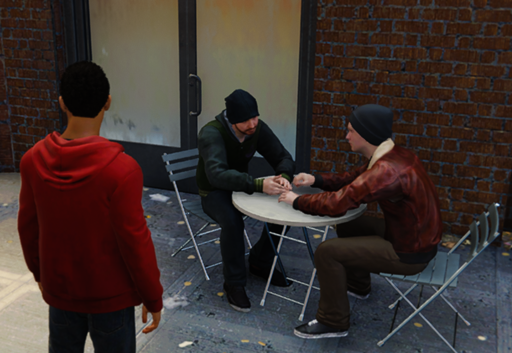 In-game screenshot of two male NPCs sitting at a table outside on the street. Both are extending their arms towards the center of the table as if they were a couple.