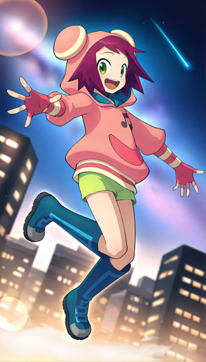 A smiling girl with short, vibrant purple hair and green eyes, wearing a pink hooded sweatshirt with a musical note on it and green shorts. Her outfit includes blue knee-high boots and fingerless gloves. The background depicts a night cityscape with tall buildings and a bright, starry sky. A shooting star is visible in the sky, adding a dynamic element to the scene. 