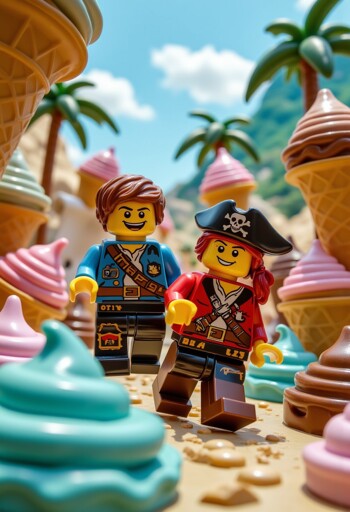 Two Lego mini-fig pirates walking through a whimsical landscape filled with giant ice cream cones and swirled ice cream scoops in various pastel colors. The background features palm trees and a clear blue sky with clouds, and a tall green mountain. The Lego figures are detailed with pirate attire, including a skull and crossbones hat on one figure. 