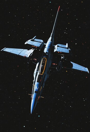 A sleek, futuristic fighter-class spacecraft in the darkness of space. It has an elongated body with a cockpit visible near the front, and features a predominantly blue color scheme with orange and red accents lights. Various mechanical details, panels, and what appear to be weapons systems or engine components can be seen integrated into the design. 