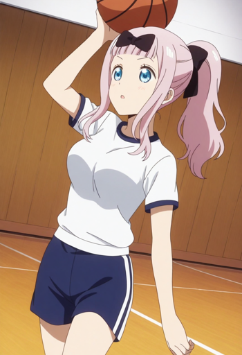 A young woman with blue eyes and long, pastel pink with a black bow on her bangs and another black ribbon tying her hair into a high ponytail. She is playing basketball, holding the ball above her head with a focused expression on her face. She is wearing a white sports shirt with navy blue trim and navy blue shorts with white stripes. The background depicts an indoor basketball court with wooden paneling and a polished wooden floor. 