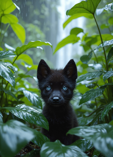 A black wolf cub with striking blue eyes, sitting amidst lush green foliage in a rainforest setting. The pup is centered in the frame, surrounded by large, glossy leaves that are wet from the rain.