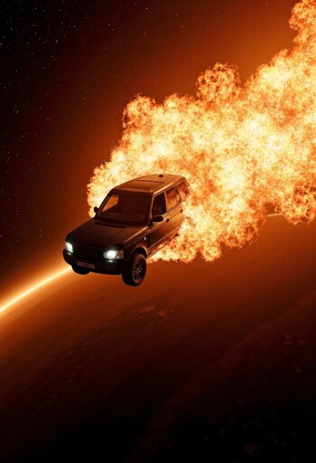 An SUV with its headlights on, seemingly traveling through space, followed by a massive fiery trail of flames. The background shows a starry sky and a planetary surface, adding to the dramatic and surreal nature of the scene