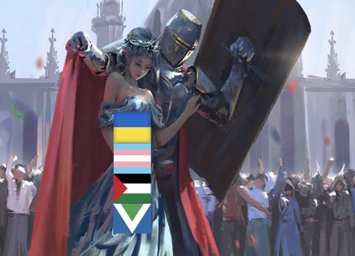 Knight protecting princess with "Ukraine, Transgender, Palestine and Vegan flags" on her from crowd throwing stuff meme.