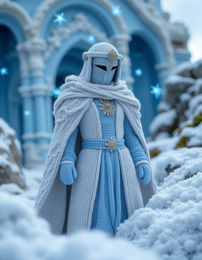 A knitted figure dressed in a detailed outfit resembling a knight's armor, standing in a snowy landscape. The figure is adorned in light blue and white garments, including a cloak, gloves, and a helmet with intricate golden designs. The background features an ornate, blue and white structure with arches, with snowflakes are gently falling and adding to the wintry atmosphere. 