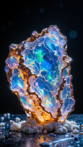 An ethereal crystal formation that appears to be glowing from within. The crystal has a jagged, irregular shape with a translucent, opalescent quality, displaying vibrant hues of blue, green, and purple. The edges of the crystal are lined with a golden, glittery calcified substance, adding to its mystical appearance. The crystal is set against a dark background, and is surrounded by small, scattered mineral particles at its base. 