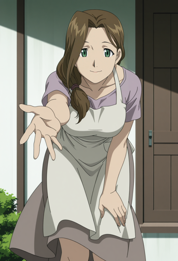 A woman with light brown hair and green eyes wearing a lavender short-sleeved shirt and a white apron over a gray skirt. She is leaning forward, extending her right hand towards the viewer, as if inviting them in with a gentle, inviting smile on her face. The background shows a simple, light-colored wooden wall along with a door and a small patch of greenery. 