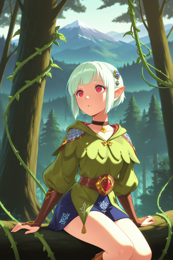 An elf-like girl with short, platinum blonde hair and red eyes. She has pointed ears and wears a green tunic with a gold pendant, blue skirt, and brown arm guards. The setting is a sunlit forest with lush green trees, and a mountainous background. She sits on a log with vines winding around it, looking upwards with a thoughtful expression. 