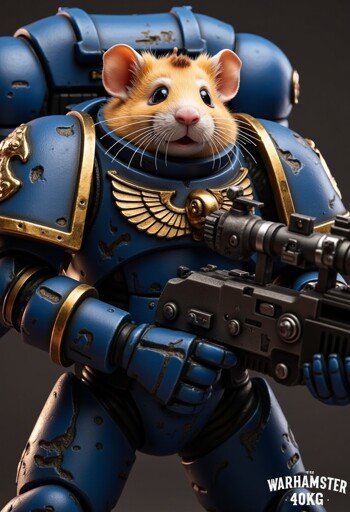 A hamster dressed in detailed blue power armor, adorned with gold accents and an emblem featuring wings on the chest. The hamster is holding a large, futuristic gun, and the armor appears worn with scratches and dents. The bottom right corner of the image features the text "WARHAMSTER 40KG," indicating a playful take on a well-known franchise.